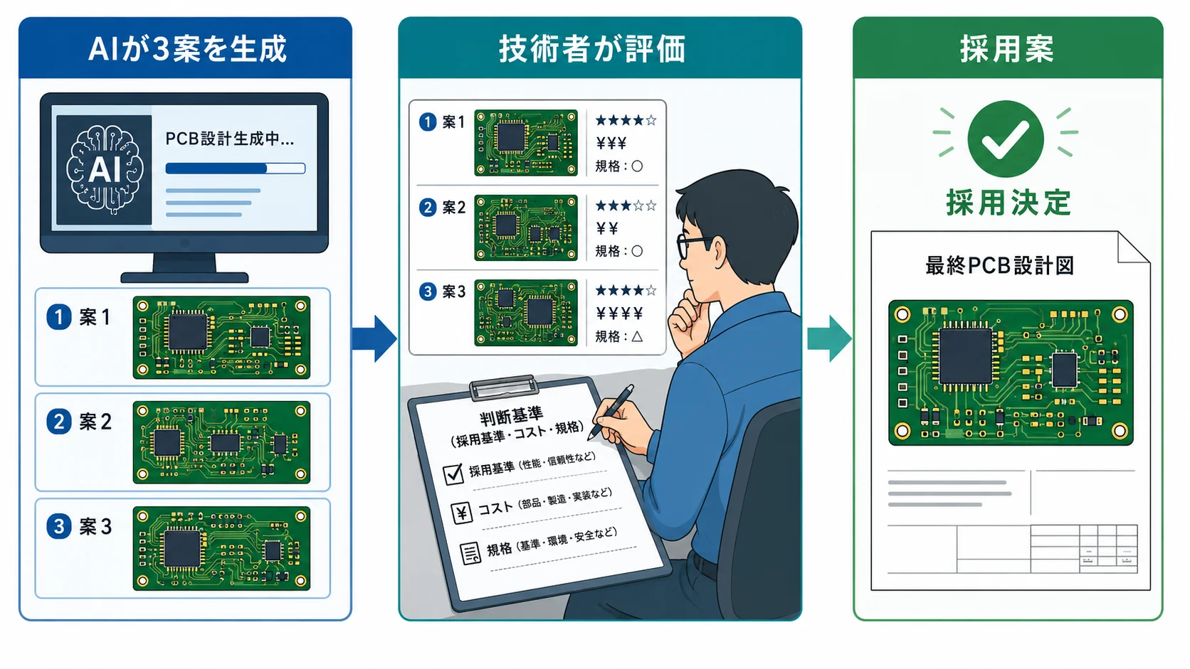 AIが複数の設計案を生成し、明文化された判断基準でエンジニアが選ぶフローが重要