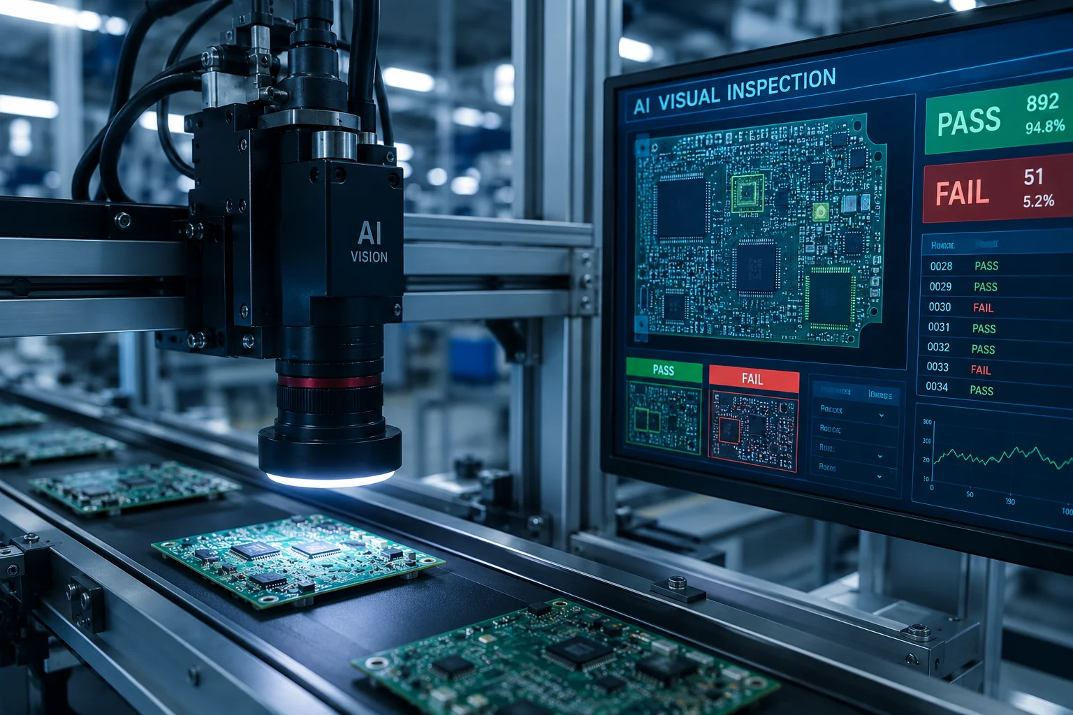 AI画像検査の現場例。カメラとディープラーニングモデルが全数検査をライン全速で実行する。