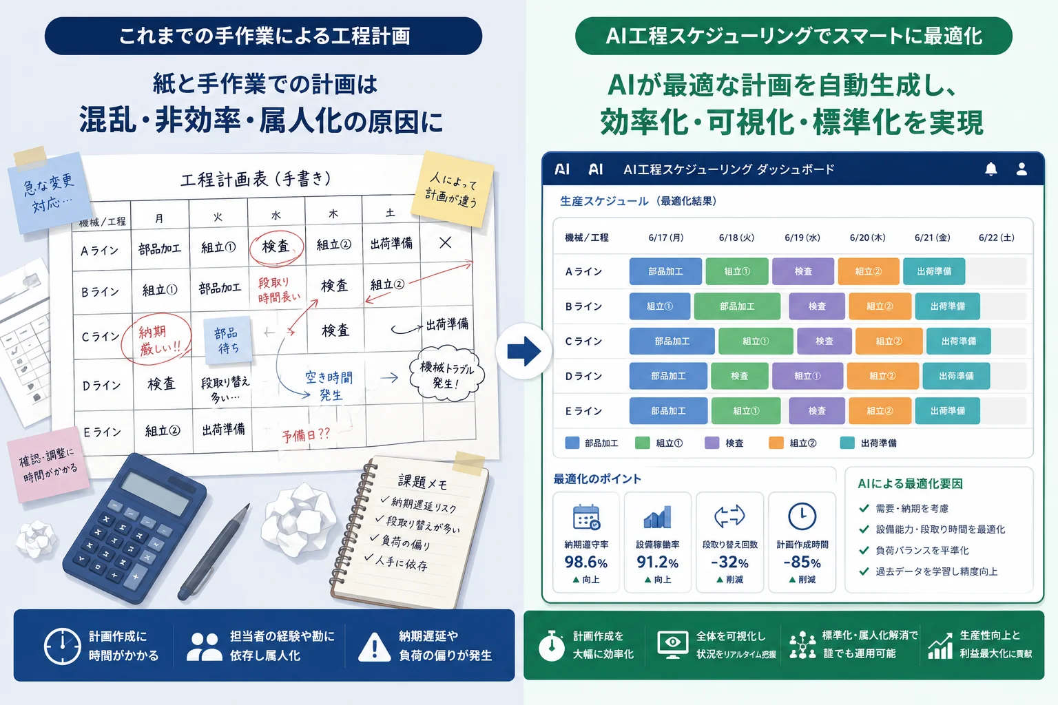 手作業の工程計画(左)とAIスケジューリング(右)——この差を生むのは事前のルール定義